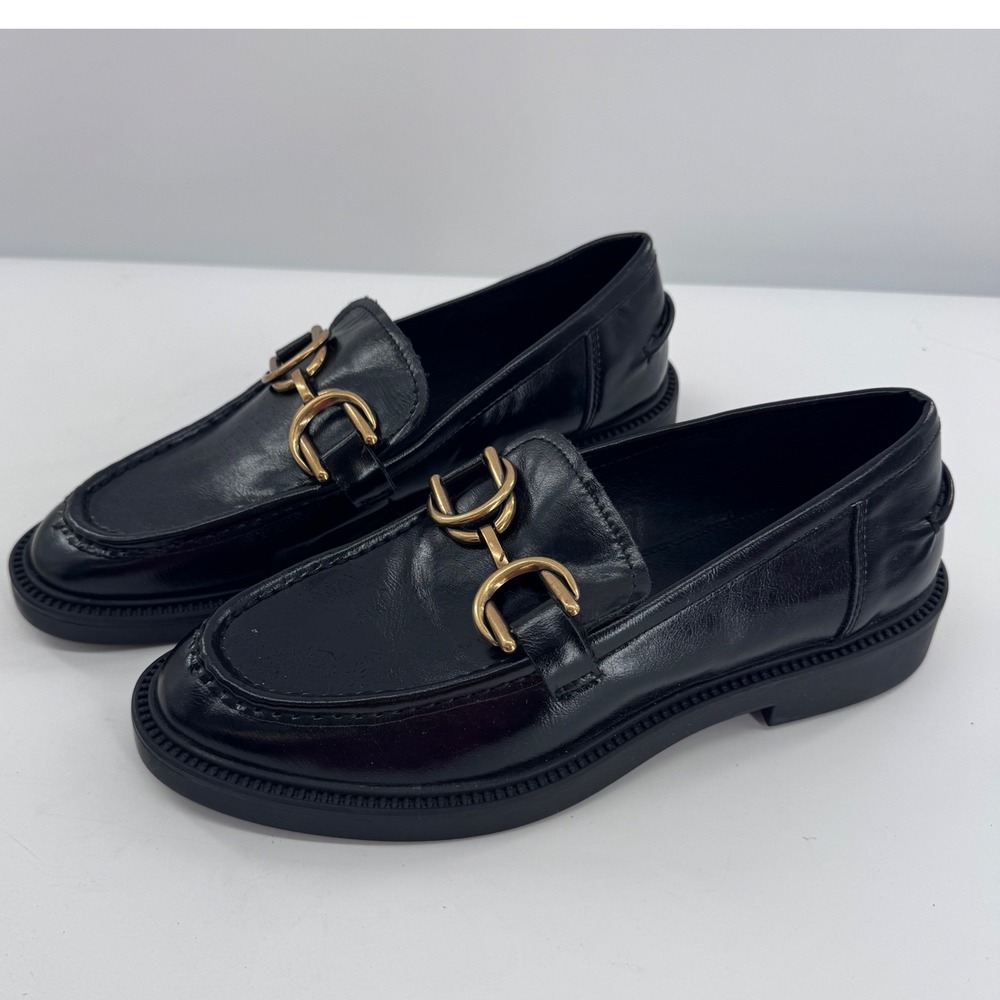 Steve Madden‎ Loafers Women Black Gold Chain Horsebit Lug Sole Shoes Sz 9M